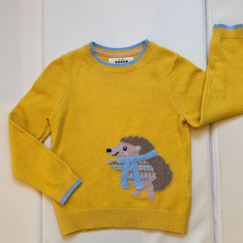 Mini Boden Kids Yellow Sweater with Hedgehog Design - Picture 4 of 5